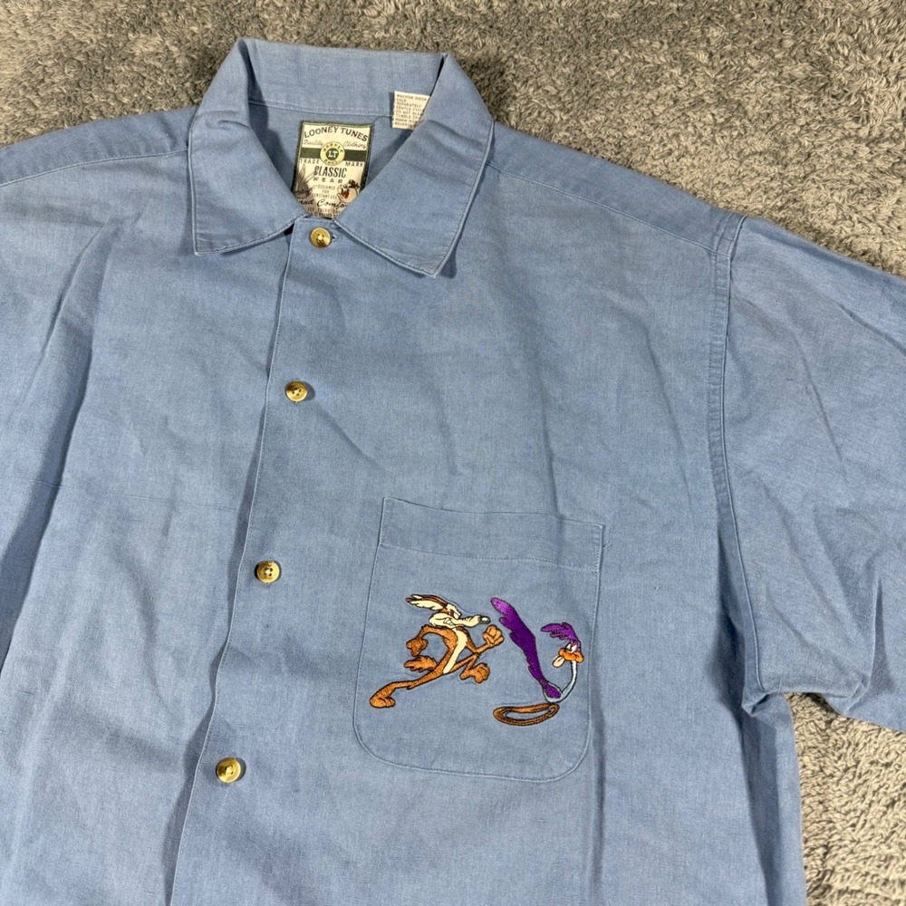Vintage Looney Tunes Warner Bros Linen Button‎ Shirt Embroidered Blue Size M